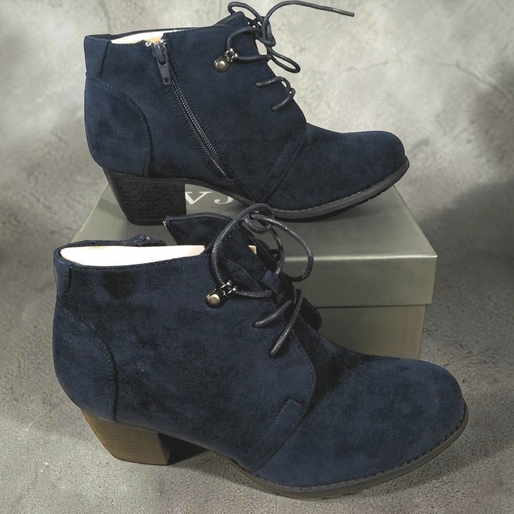 VJH Confort Womens Size 7.5 New Ankle Boots Side Zipper Navy Blue Faux Suede